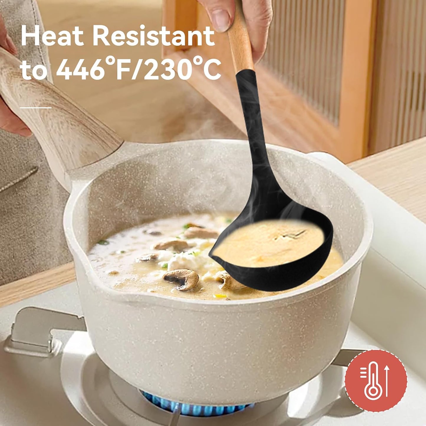 Kitchen Utensils Set, Large Non-stick Silicone Cooking Utensils Set 6 Pcs, Wooden Handle Heat Resistance Silicone Spatula Soup Ladle Pasta Server Kitchen Gadgets Utensils Set BPA Free (Black)