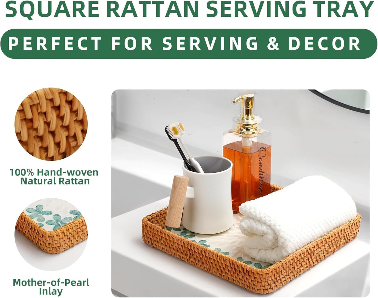 Rattan Tray with Mother of Pearl Inlay, Boho Coffee Table Decor, Decorative Serving Tray, Farmhouse Gift for Living Room & Bathroom