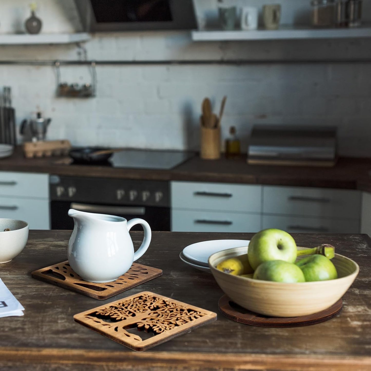 5 Pcs Life Tree Wooden Trivets with Storage Rack Hot Pads Trivets for Hot Dishes Pots and Pans Heat Resistant Mat Set Tea Pot Holders for Kitchen Dining Table(Light Wood)