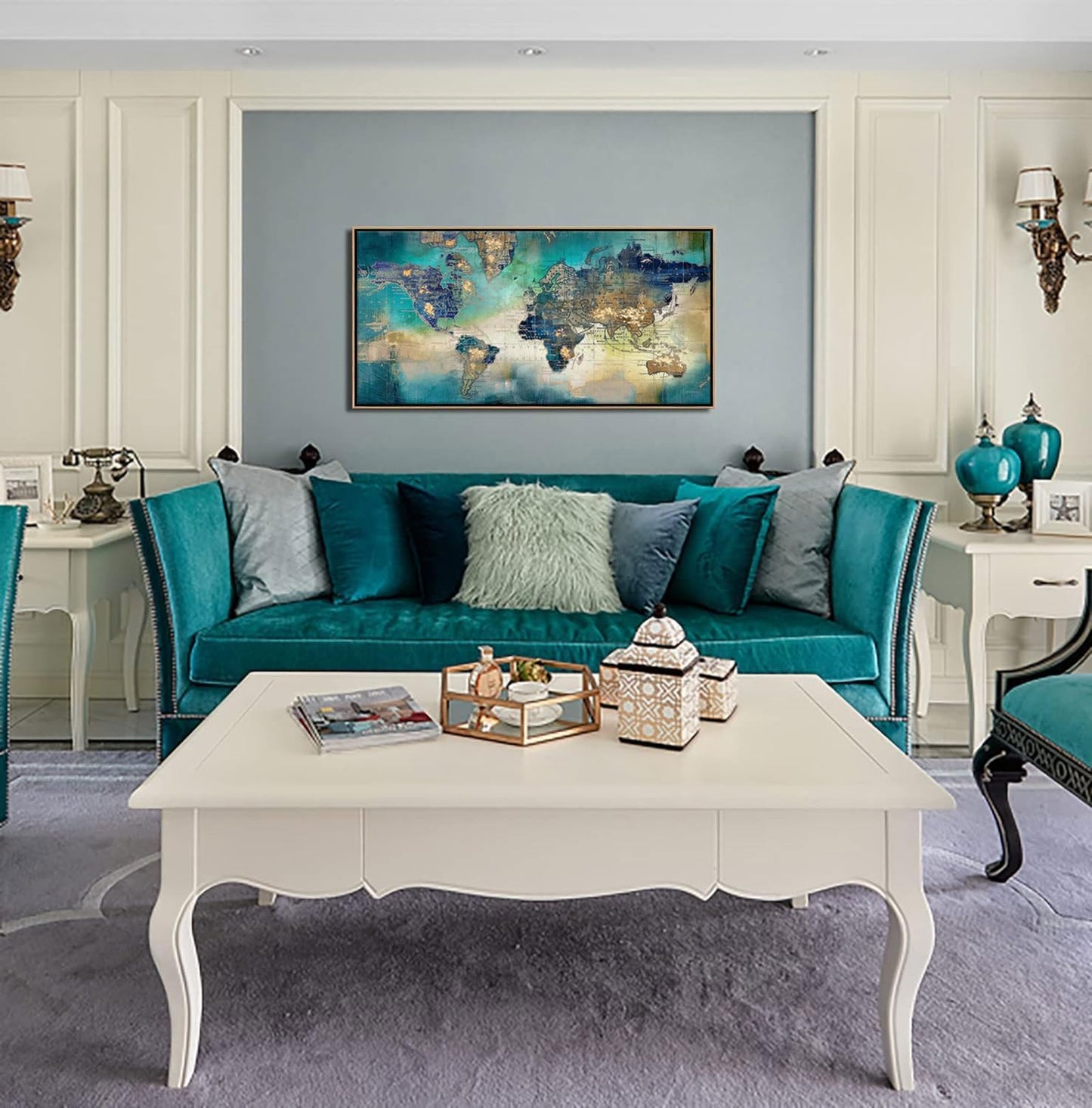 Large World Map Canvas Prints Framed Wall Art for Living Room Office 24x48 Green World Map Picture Artwork Decor for Home Decoration(With Soild Wood Dark Framed)