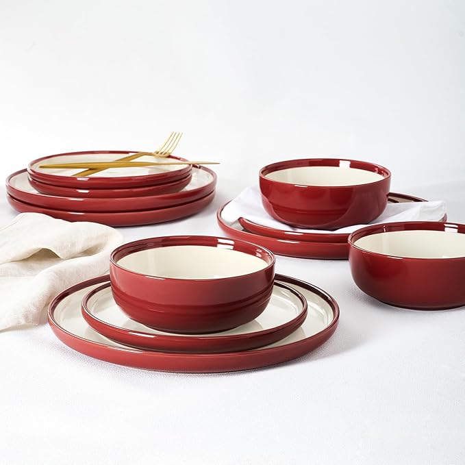 Famiware Lake MacDonnell Plates and Bowls Set for 4, 12 Pieces Dinnerware Sets, Handcrafted, Stoneware Dishes Set, Red and Beige