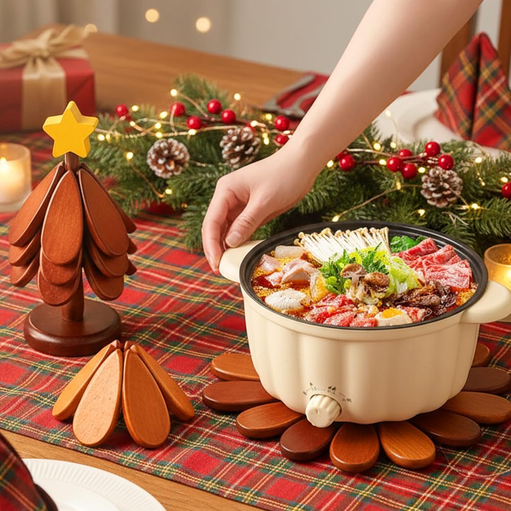 Wooden Trivets for Hot Dishes, 2026 New Handmade Wooden Christmas Tree Coasters for Bowls Teapots Drinks Plates, Home Table Decor, Tree Shape Trivet Set of 4 for Hot Pot Pans (B)