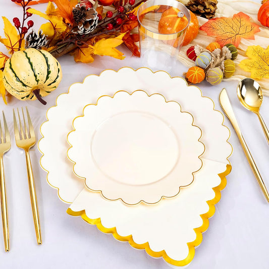WONDERFUL 351pcs Ivory Plastic Plates - Upgrade Gold Plastic Dinnerware set Includes 100 Disposable Plates 150 Gold Silverware 50 Cups 50 Wedding Napkins 1 Table Runner for Wedding & High End Party