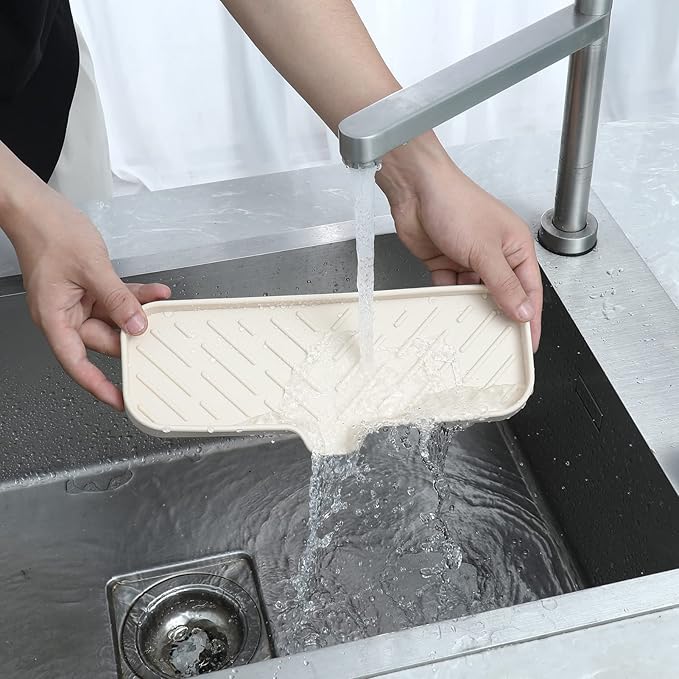 Silicone Bathroom Soap Dishes with Drain Spout-Bathroom and Kitchen Sink Organizer,Sponge Holder,Dish Soap Tray,Perfect for Dispenser,Scrubber,Bottle,Cup on Sink or Counter-Tapioca 12"×4"