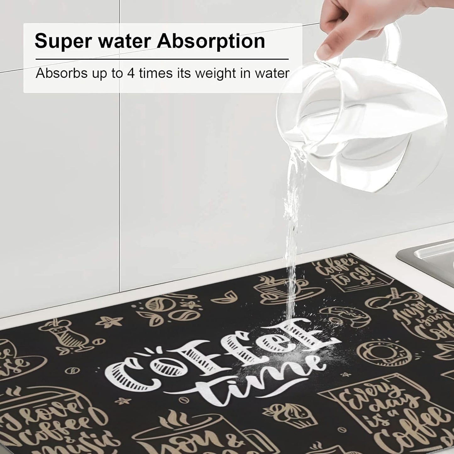 Coffee Time Dish Drying Mat 18x24 Inch, Microfiber Absorbent Fast Dry Mat Large Dish Mat Drying Kitchen Mat, Kitchen Drying Pad for Kitchen Counter Coffee Bar Decor Gifts