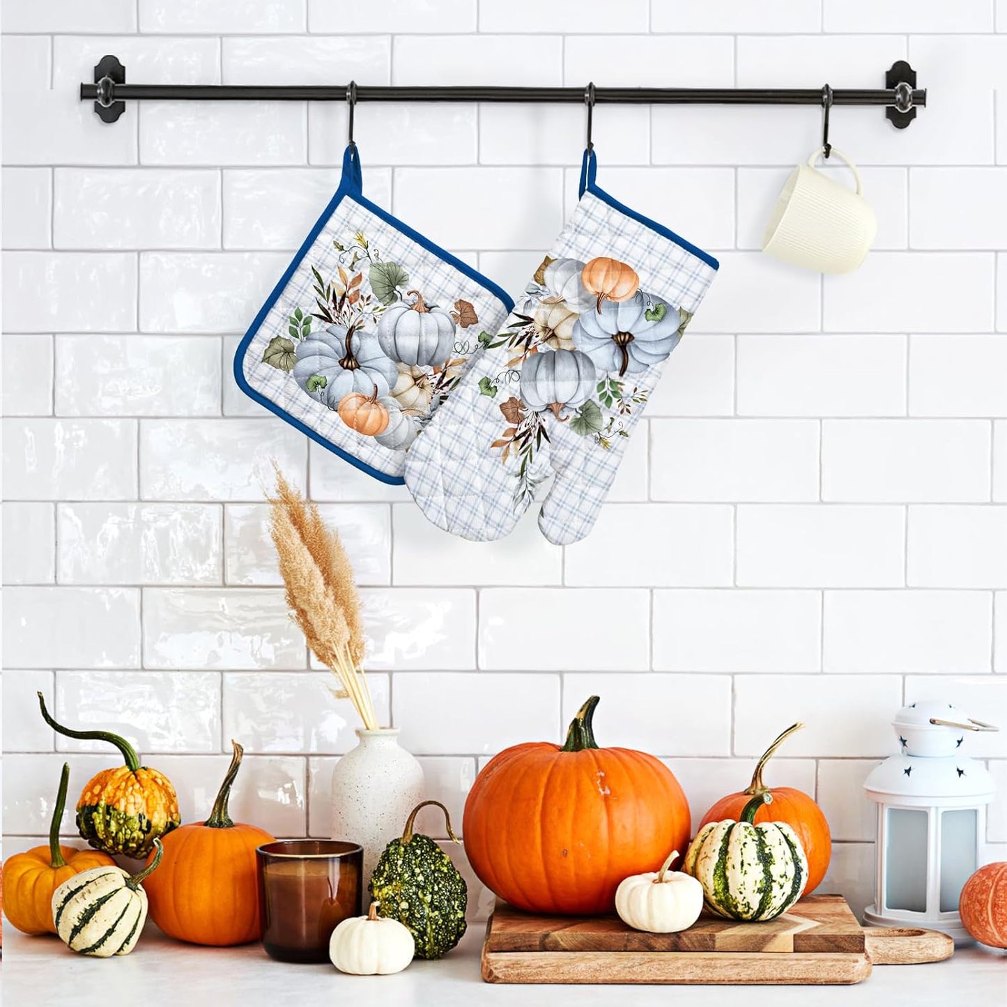 Blue Fall Pumpkin Oven Mitts and Pot Holders Sets 2Pcs, 100% Cotton Heat Resistant, Extra Long Oven Gloves Potholder for Thanksgiving Kitchen Cooking Baking Decoration