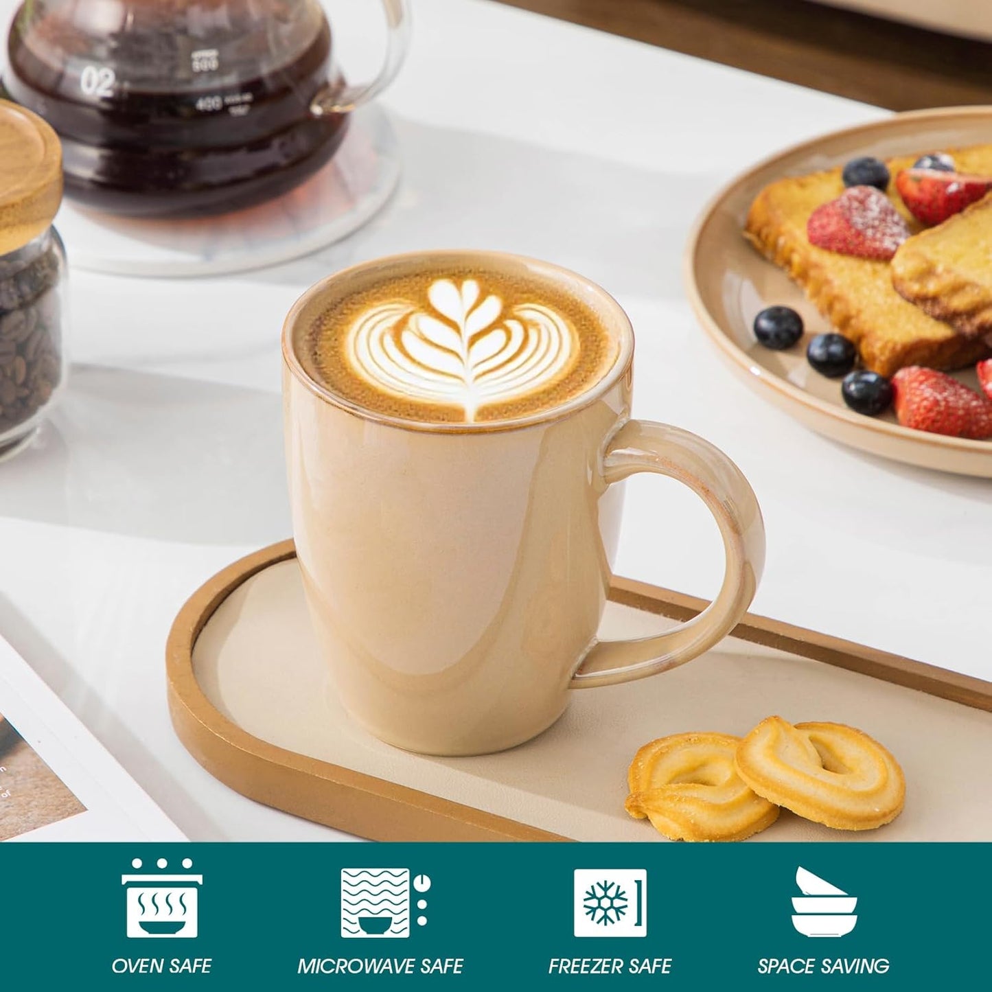 vancasso PLAYA Ceramic Coffee Mug Set of 6, 16 Oz Tea Cups with Handle for Latte, Tea, Cappuccino, Milk, Cocoa, Microwave&Dishwasher Safe, Brown