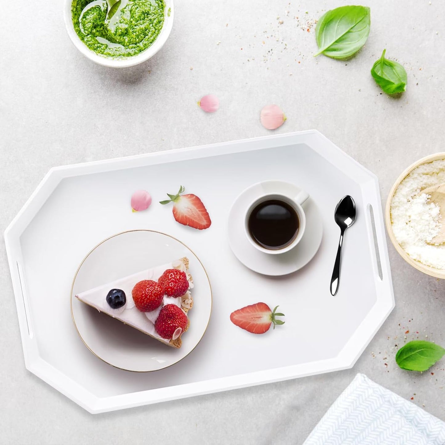 White Octagonal Serving Tray with Handles for Coffee Table, Plastic Decorative Tray for Ottoman, Kitchen Counter, Living Room, Outdoor Lacquer Tray for Entertaining