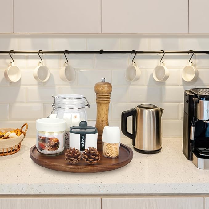 Acacia Wood Bathroom Vanity Tray Round Lazy Susan Organizer for Table Top Kitchen Sink Soap Tray Large Wooden Lazy Susan Turntable Kitchen Counter Perfume Rotating Tray for Bathroom Decor Accessories