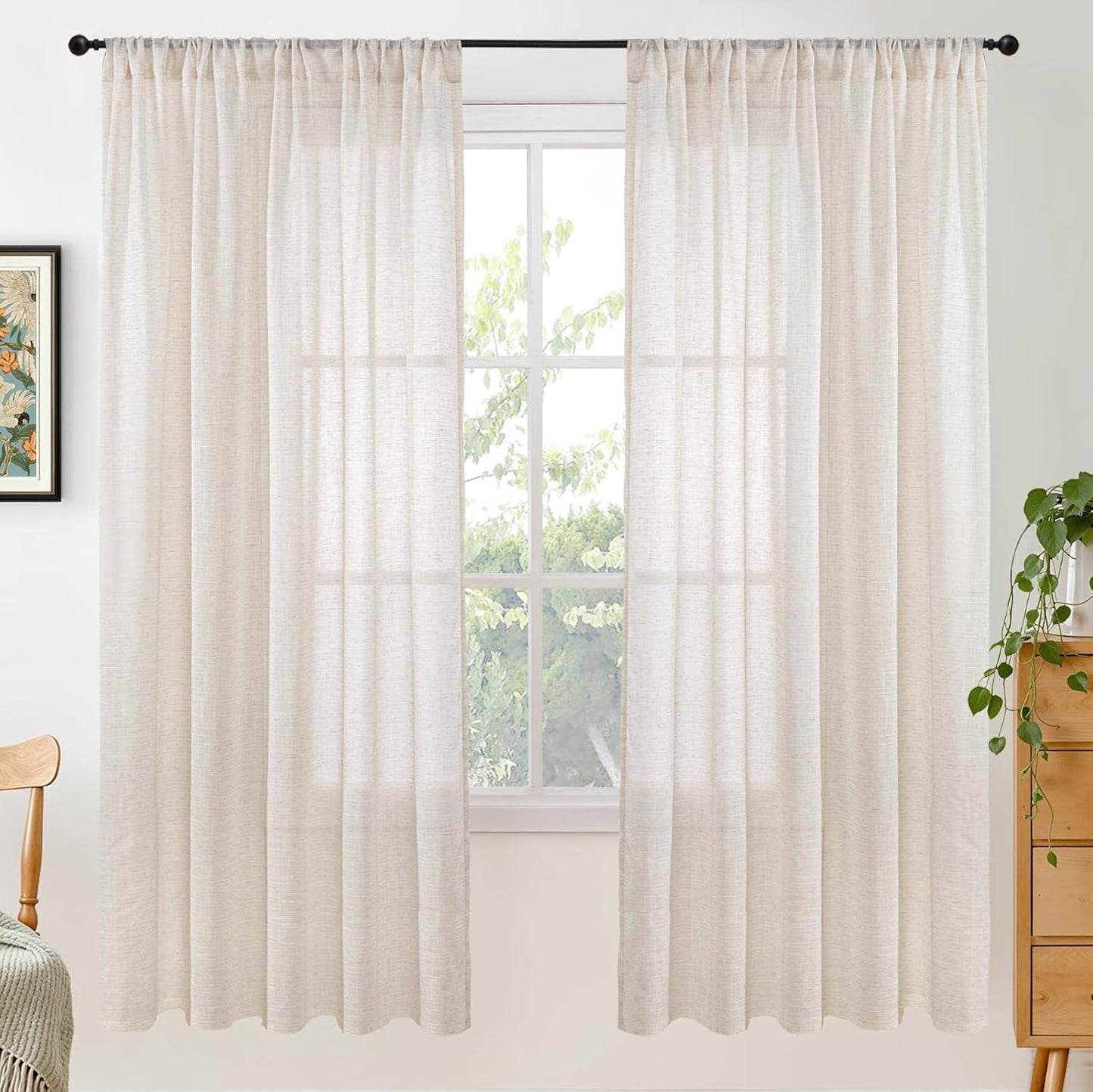 BGment Oatmeal Linen Semi Sheer Curtains 72 Inch Length for Living Room - Rod Pocket Light Filtering Window Drapes Natural Textured for Bedroom Farmhouse Lightweight, 2 Panels Set, 52 X 72 Inch