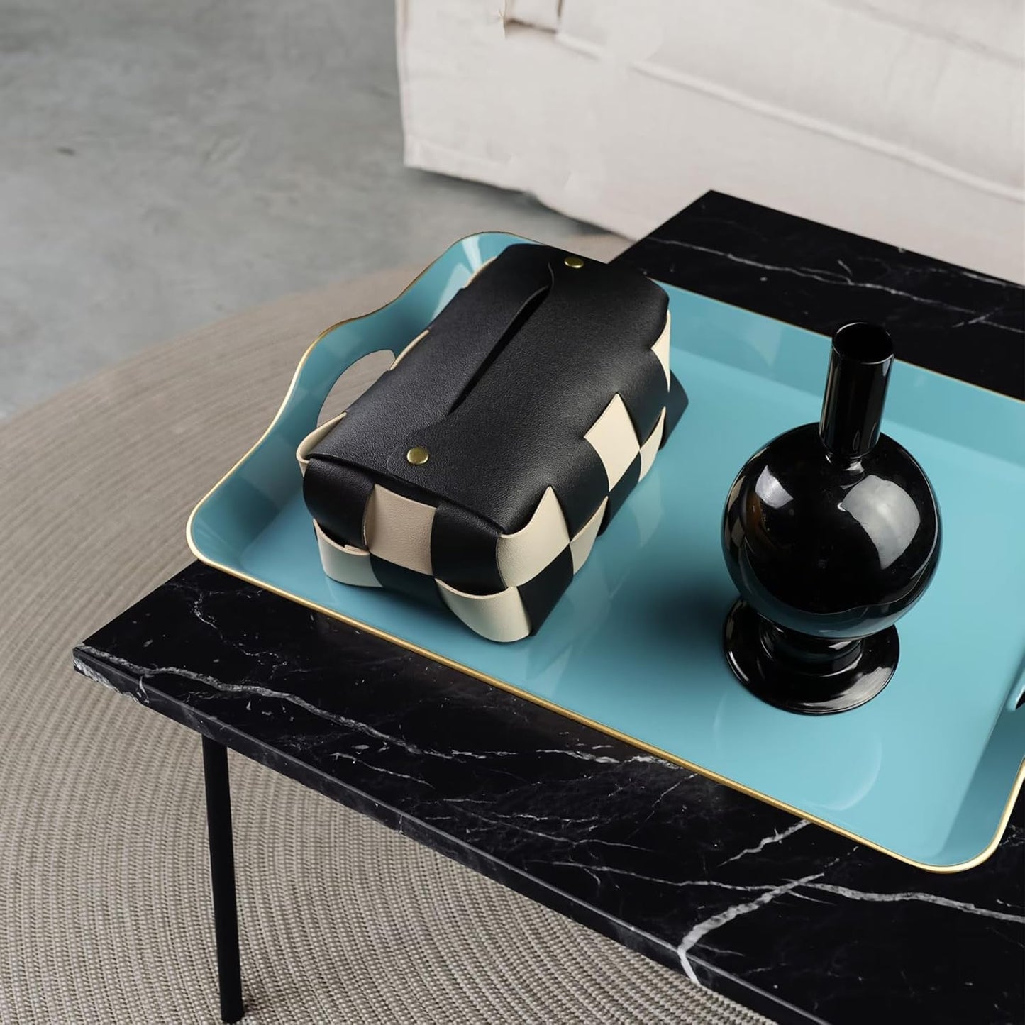 Teal Blue Decorative Tray for Coffee Table with Handles, Plastic Rectangular Serving Tray for Living Room, Bathroom, Outdoors, 11.8"*17.3"