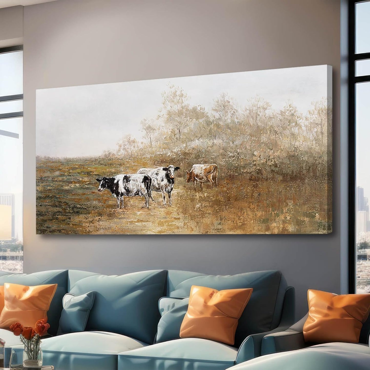 Farmhouse Wall Art For Living Room Canvas Wall Decor Cow Arts Rustic Artwork White Poster Prints Bedroom Pictures for Home Office 29"x58"