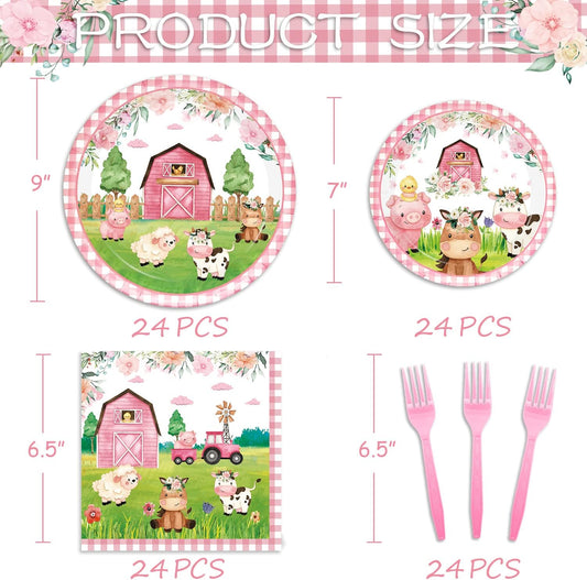 96PCS Farm Animals Party Supplies Tableware Set Farm Birthday Party Barn Animal Theme Party Cute Pink Animal Baby Shower Dessert Plate Dinner Plate Paper Napkins Forks Dinnerware for 24 Guests