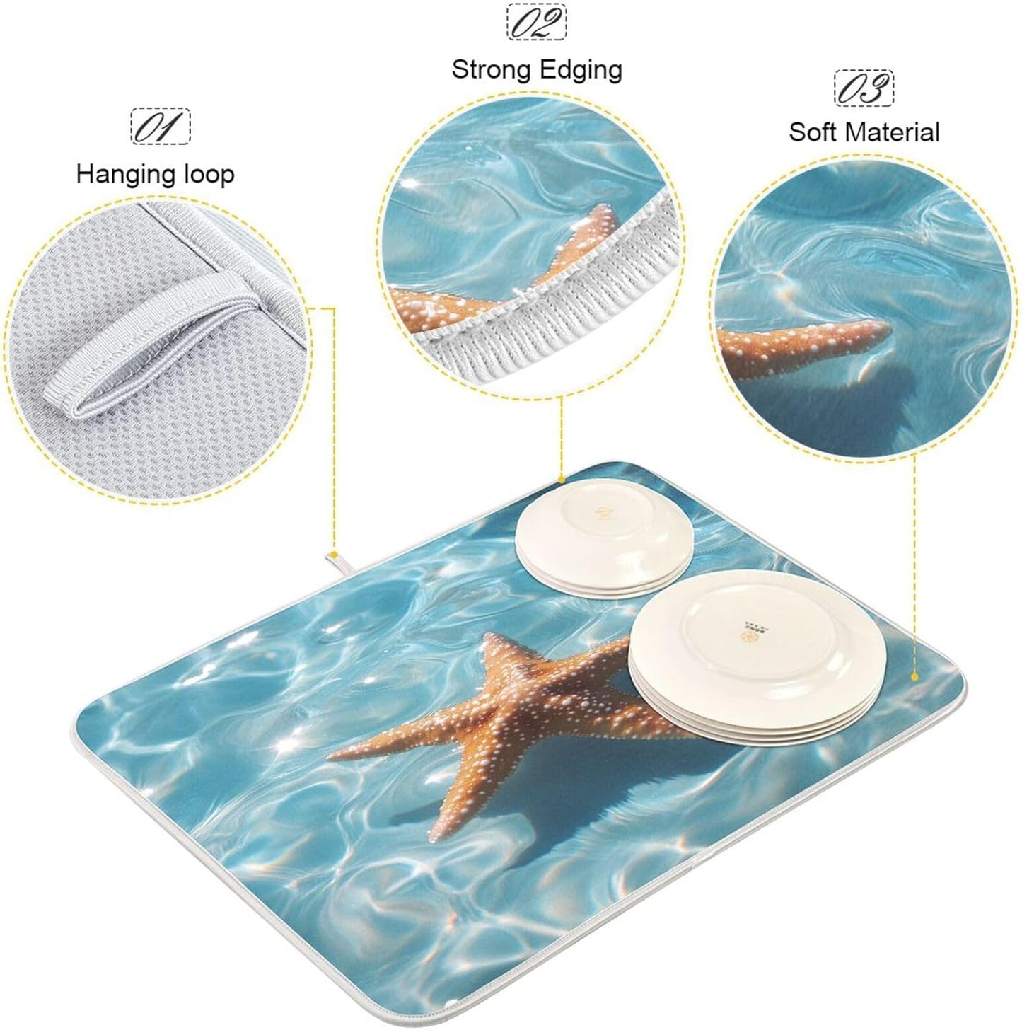 Starfish Floating Dish Drying Mat for Kitchen Counter Super Absorbent Dishes Pad Reversible Microfiber Protector Dish Draining Mats 16x18 inch
