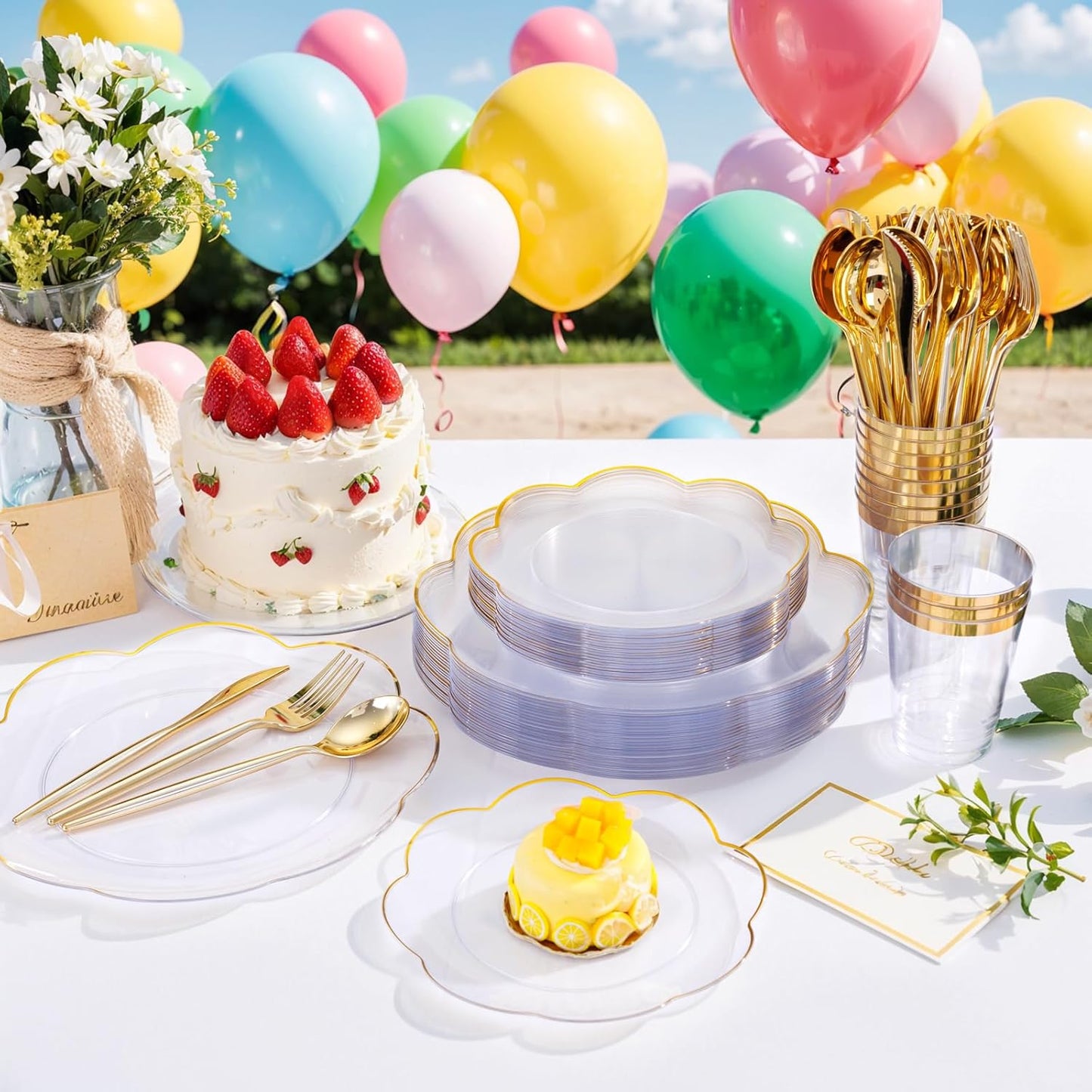 EI 180pcs Clear and Gold Plastic Plates with Gold Plastic Silverware, Plate for Party,Disposable Dinnerware Set,Disposable Plates Heavy Duty Clear Golden Cups for Wedding,Birthday