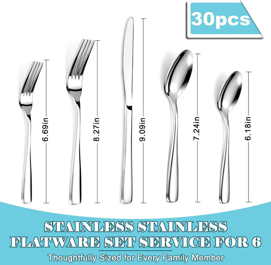 Bestdin 30 PCS Silverware Sets - Mirror Polished Flatware Set for 6, Including Knives, Spoons and Forks, Cutlery Set, Dishwasher Safe & Stainless Steel Silverware for Wedding Gift, Home & Party Use