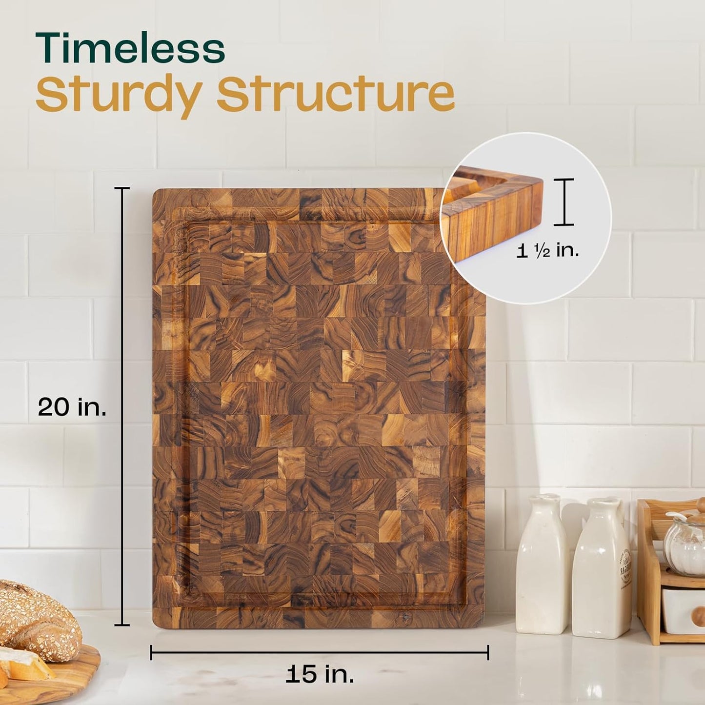 Yes4All Large Teak Cutting Boards for Kitchen, 20"x15"x1.5" End Grain Butcher Block with Food-Friendly Surface, Durable Wood Chopping Board with Juice Grooves and Easy-Grip Handle for Home Prep