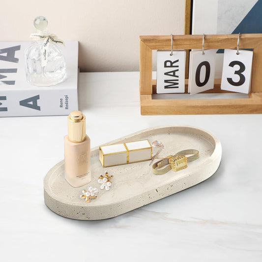 Natural Travertine Tray, Vanity Trays for Bathroom Countertop Organizer, Marble Decor Tray for Kitchen Counter (Beige, 9.8")