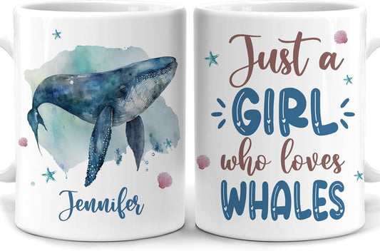 Hyturtle Personalized Gifts Whale Lover - Just A Girl Who Loves Whales Custom Name Ceramic Coffee Mug Cup 11oz - Idea Cute Sea Animal Lover Gifts For Women, Girl Kids On Birthday, Christmas