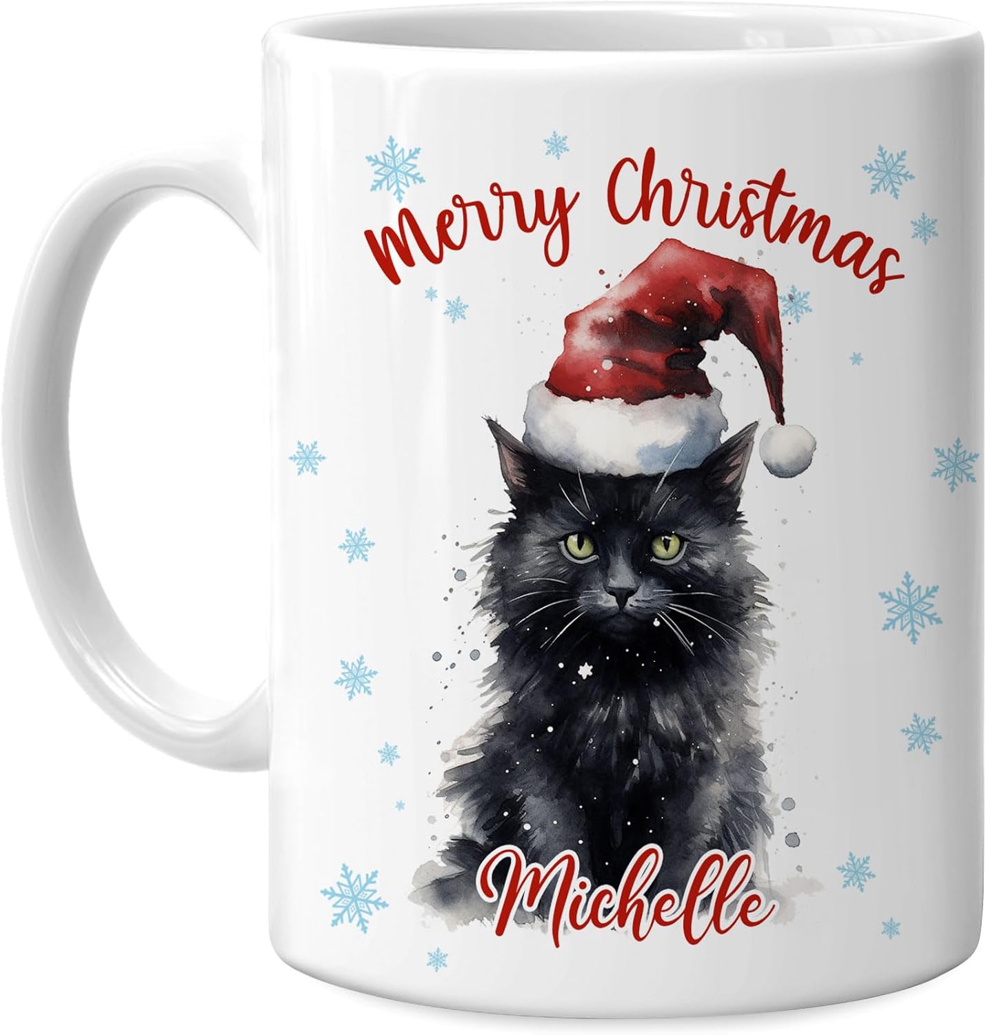 Hyturtle Personalized Gifts Black Cat Lover - Black Cat Wearing Santa Hat Custom Name Ceramic Coffee Mug Cup 11oz - Cute Animal Lovers Gifts For Women, Girl kids Family On Birthday, Christmas