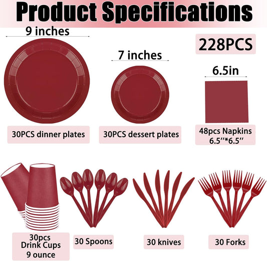 TWOWYHI 228PCS Burgundy Party Supplies Set Include Paper Plates Cups Paper Napkins Plastic Spoons Forks Knives for 30 Guests Disposable Party Dinnerware for Birthday Wedding Family Picnic