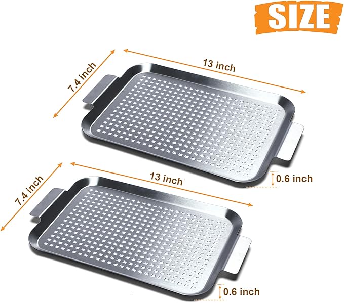 Grill Pan Set of 2, BBQ Grill Topper for Outdoor Grill, Stainless Steel Grilling Baskets with Holes and Handles, Perforated Food Tray Barbecue Accessories for Vegetable, Fish, Small x 2