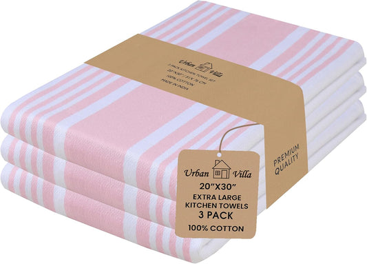 Urban Villa Kitchen Towels 100% Cotton Pack of 3, Highly Absorbent Quick Drying Super Soft Premium Dish Towels for Kitchen with Hanging Loop Hand & Tea Towels - 20x30 Inch, (Pink & White, Striped)