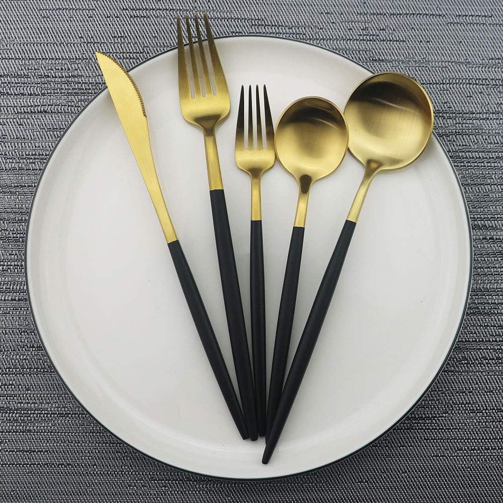 JASHII Luxury Black Gold Flatware, Silverware Sets, 5-piece Elegant Cute 18/10 Stainless Steel Silverware Set for Eating Home Kitchen Hotel Restaurant, Service Sets for 1 People, Dishwasher Safe