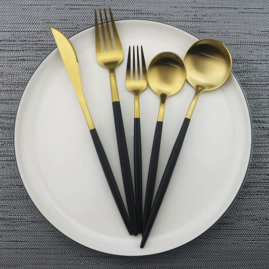 JASHII Luxury Black Gold Flatware, Silverware Sets, 5-piece Elegant Cute 18/10 Stainless Steel Silverware Set for Eating Home Kitchen Hotel Restaurant, Service Sets for 1 People, Dishwasher Safe