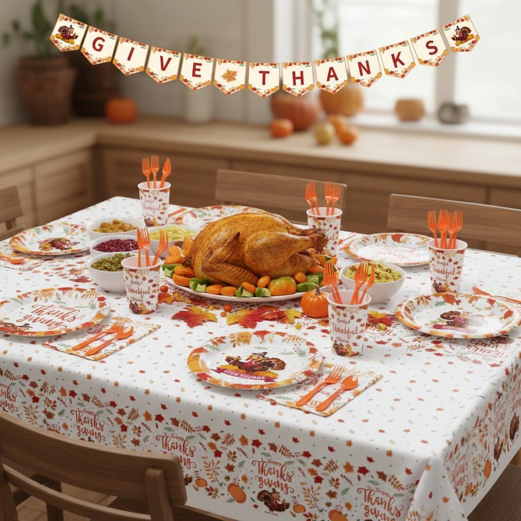 Thanksgiving Party Paper Plate, Turkey Pumpkin Maple Disposable Plates and Napkins Dinnerware Set for 25 Guest Autumn Harvest Table Decor, Thanksgiving Fall Party Supplies Favor Tableware Set