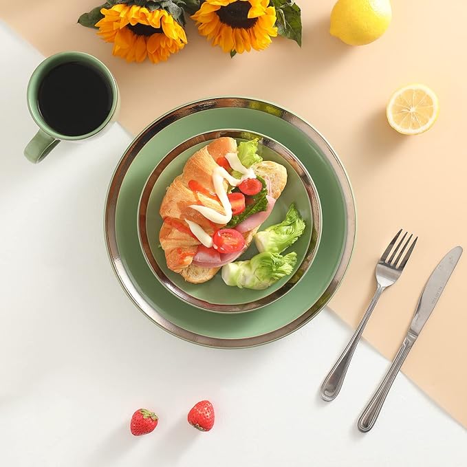 Bestone 16-Piece Round Kitchen Dinnerware Set, Dishes, Plates, Bowls, Mugs, Dish Set, Service for 4, Stoneware (round, green and gold rim)