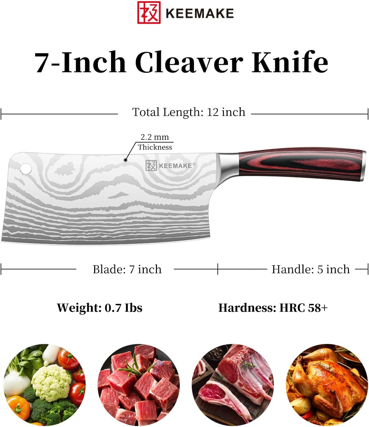 KEEMAKE Meat Cleaver Knife 7-Inch Razor Sharp High Carbon Steel Kitchen Knife, Butcher Knife Perfect for Chopping Meat & Veggies, Pakkawood Handle Ideal for Home & Professional Chefs, W/Sheath