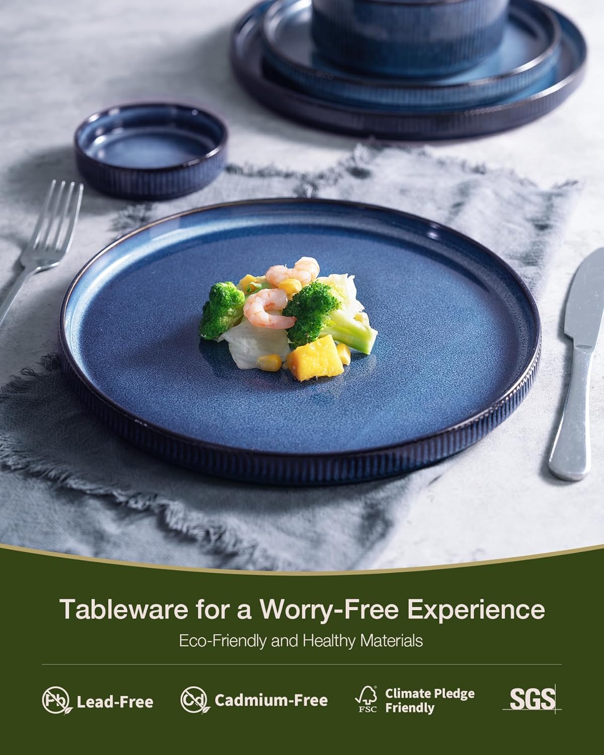 Famiware Star Dinnerware Sets, Plates and Bowls Set for 4, 12 Pieces Ribbed Dishes - Chip and Scratch Resistant, Microwave and Dishwasher Safe Tableware, Nebulas Blue