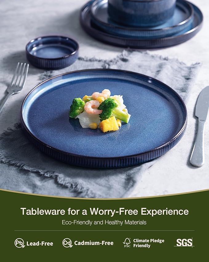 Famiware Star Dinnerware Set with Mugs, Service for 6 (24 Pieces), Ribbed Stoneware Plates and Bowls Dishes Sets - Chip & Scratch Resistant, Microwave & Dishwasher Safe, Nebulas Blue