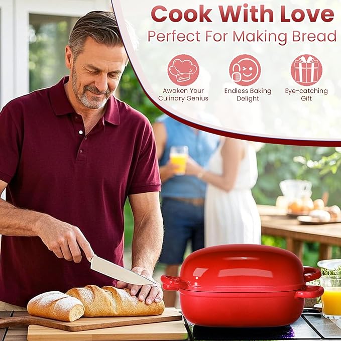 Cast Iron Dutch Bread Oven - 2.5QT Dutch Oven for Sourdough Bread Baking, Cast Iron Bread Loaf Pan with Lid, Easy Homemade Sourdough Dutch Oven, Blue Oval Bread Baking Pan, Gift for Family & Baker，Red