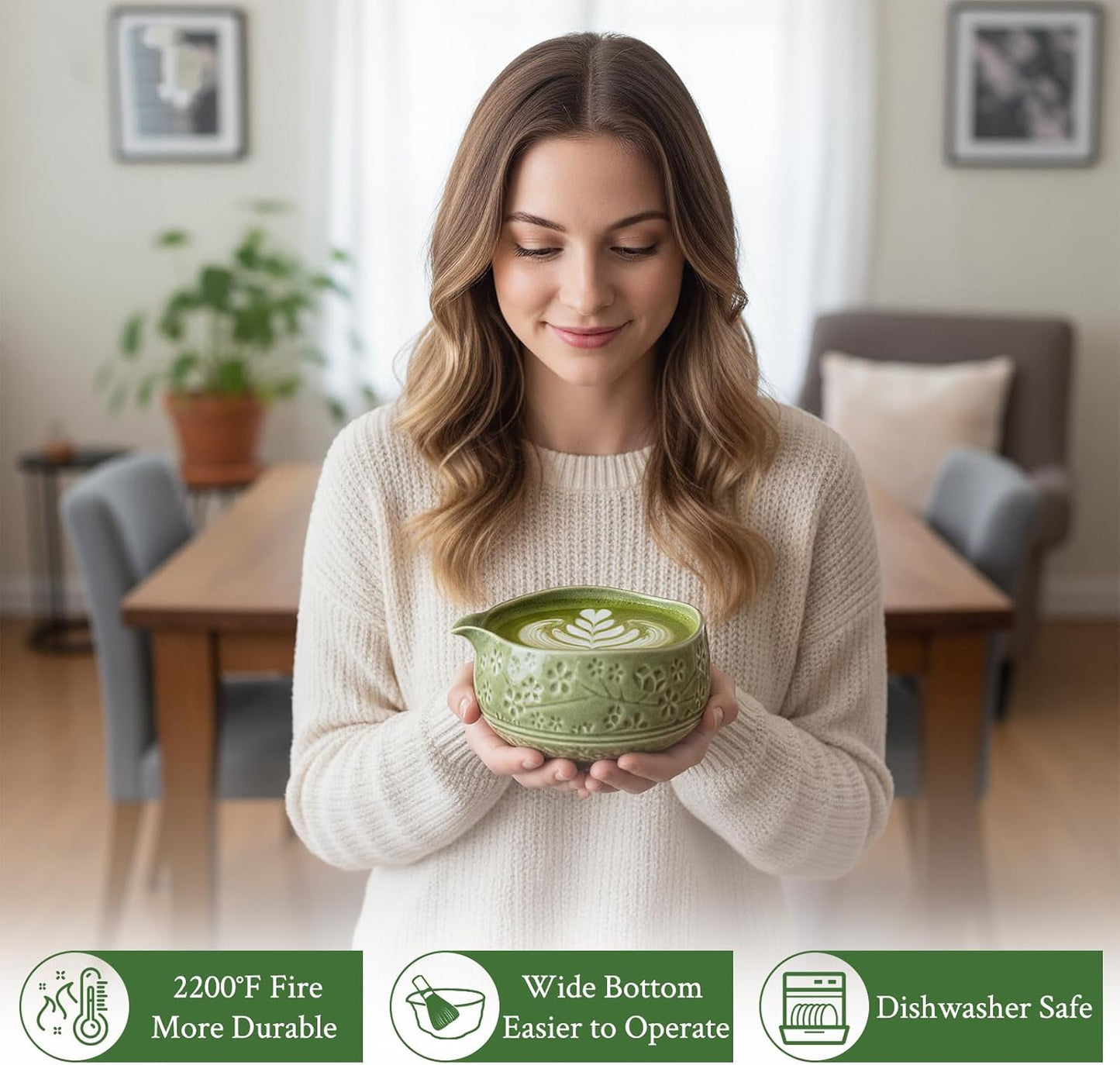 Matcha Whisk Set - Ceramic Matcha Set Includes Matcha Bowl, Whisk and Holder, Bamboo Scoop, Scoop Rest, Sifter and Tea Towel - 7 Pcs Ceremonial Gift Kit for Matcha Lovers (Floral Green)