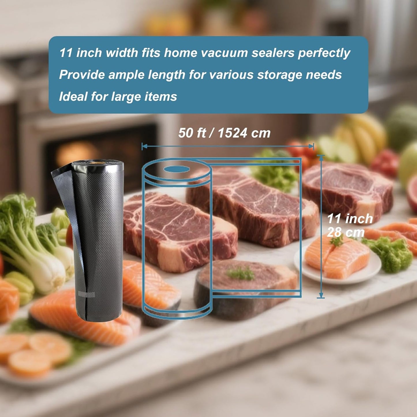 Black and Clear Vacuum Sealer Rolls 11" x 50', 5.5 Mil Vacuum Seal Bags for Food Storage, Sous Vide, and Meal Prep, Heavy Duty Commercial Grade (2 Rolls, Total 100 Ft)