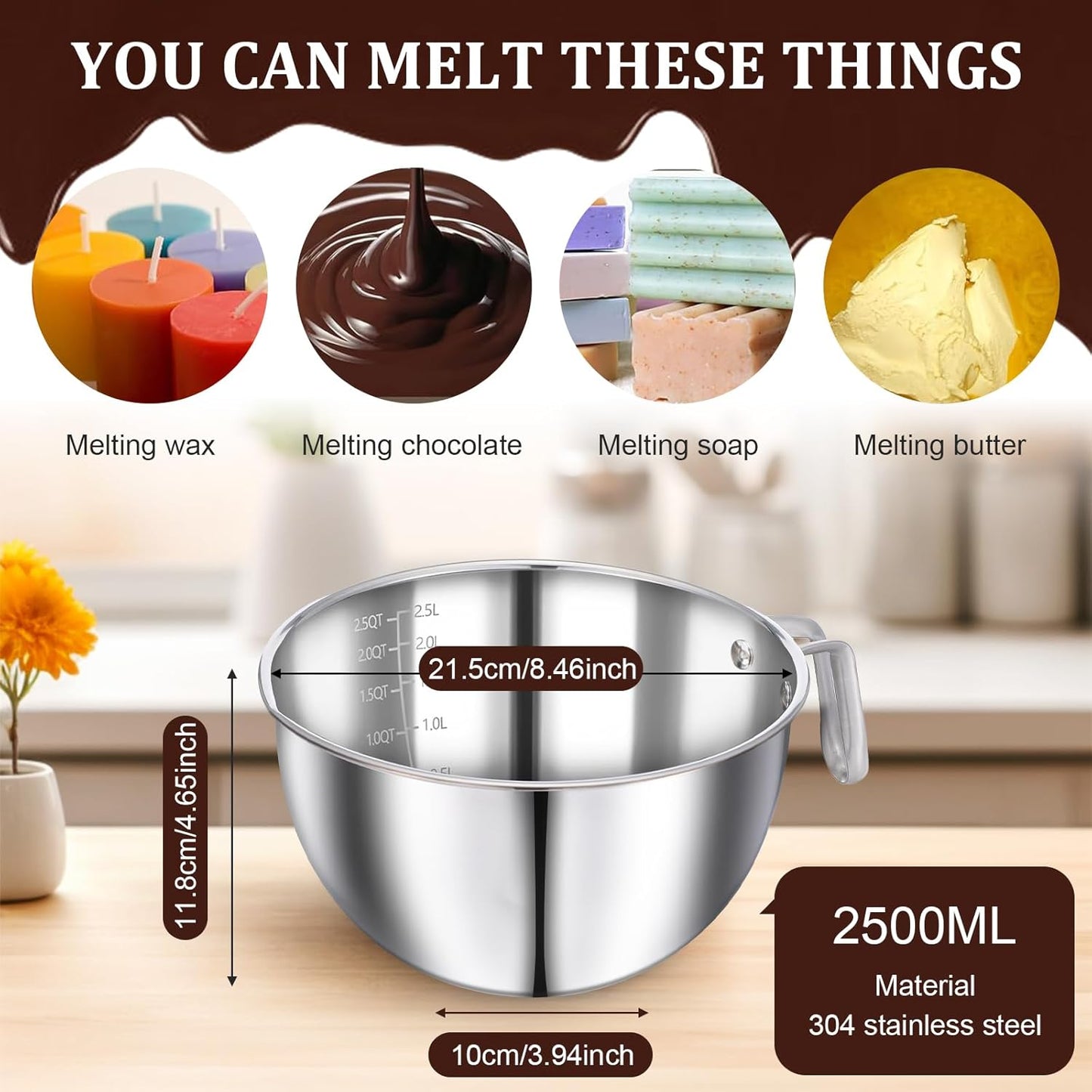 304 Stainless Steel Double Boiler Set - 2.6QT Melting Bowl with Scale and Handle - 4.2QT Dual-Handle Pot - Stackable Water Bath Melting Pot Set for Butter, Chocolate, Wax, Sugar, Candle