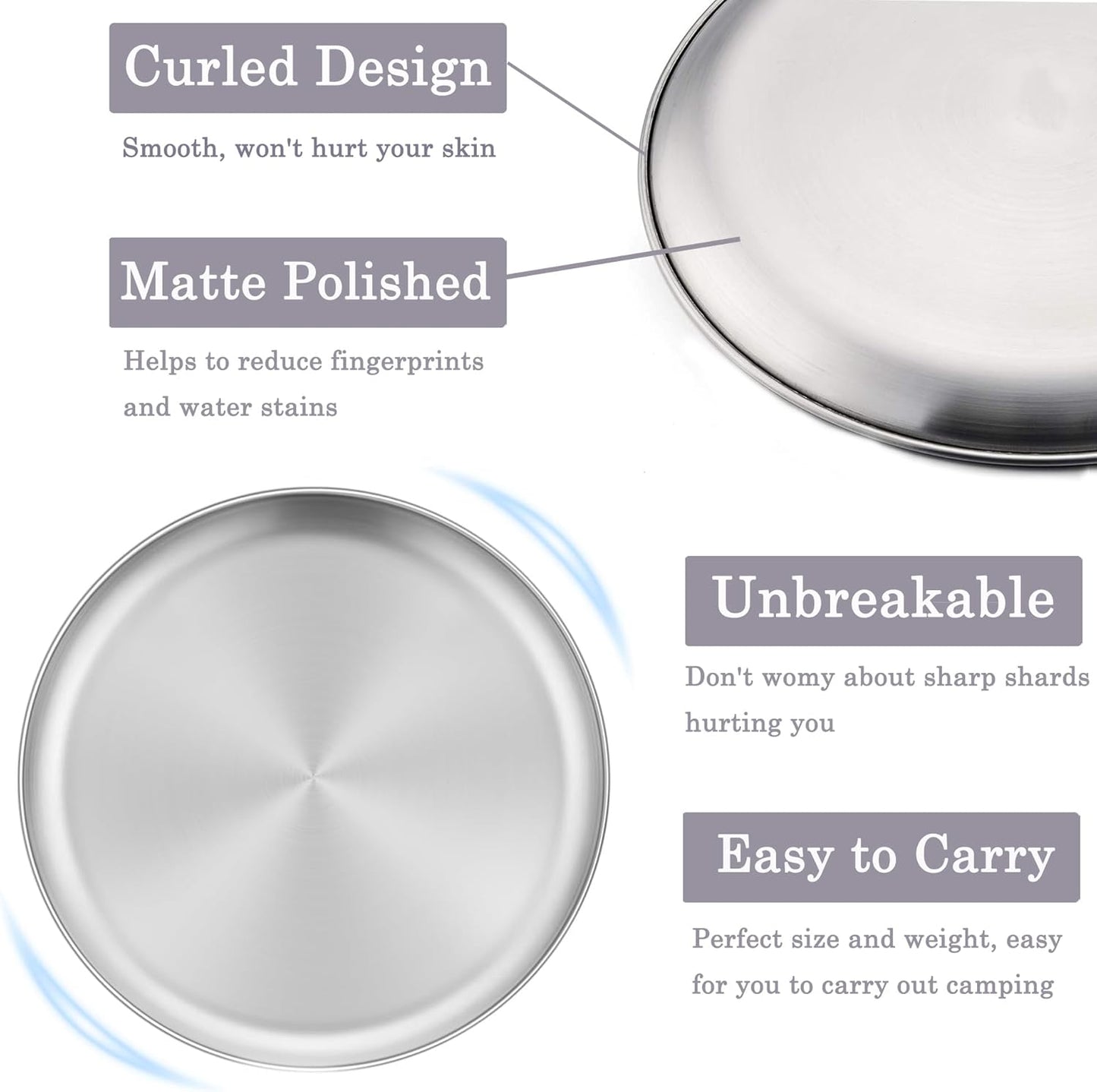 6-Piece Stainless Steel Plates, 8 Inch Metal Dinner Dishe Serving Camping Plates, Reusable and Dishwasher Safe