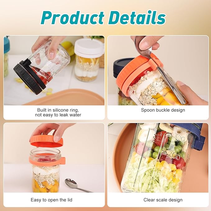 YUNCANG 6 Pack 16oz Overnight Oats Containers with Lids and Spoons, Glass Mason Overnight Oats Jars, Large Capacity Airtight Jars for Milk, Cereal, Fruit