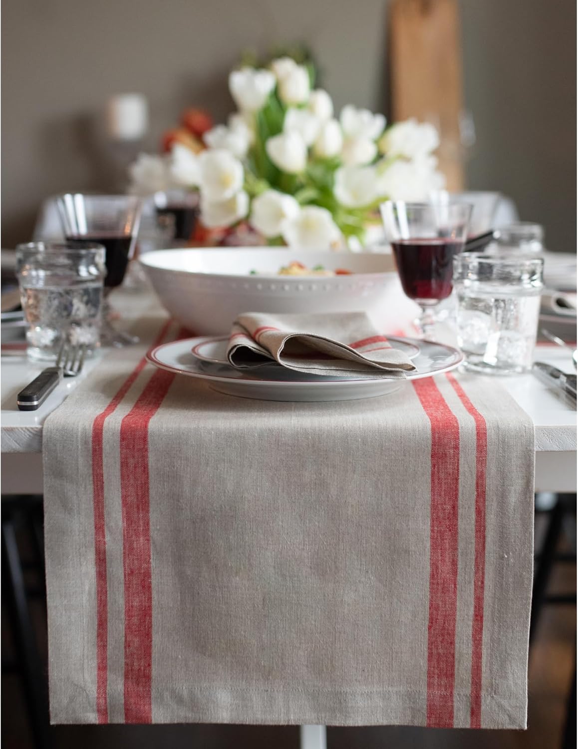 Solino Home Linen Table Runner 36 Inches - French Stripe, 100% Pure Linen Red and Natural Farmhouse Table Runner 14 x 36 Inch Ideal for Dresser and Coffee Tables - Fall, Halloween, Thanksgiving