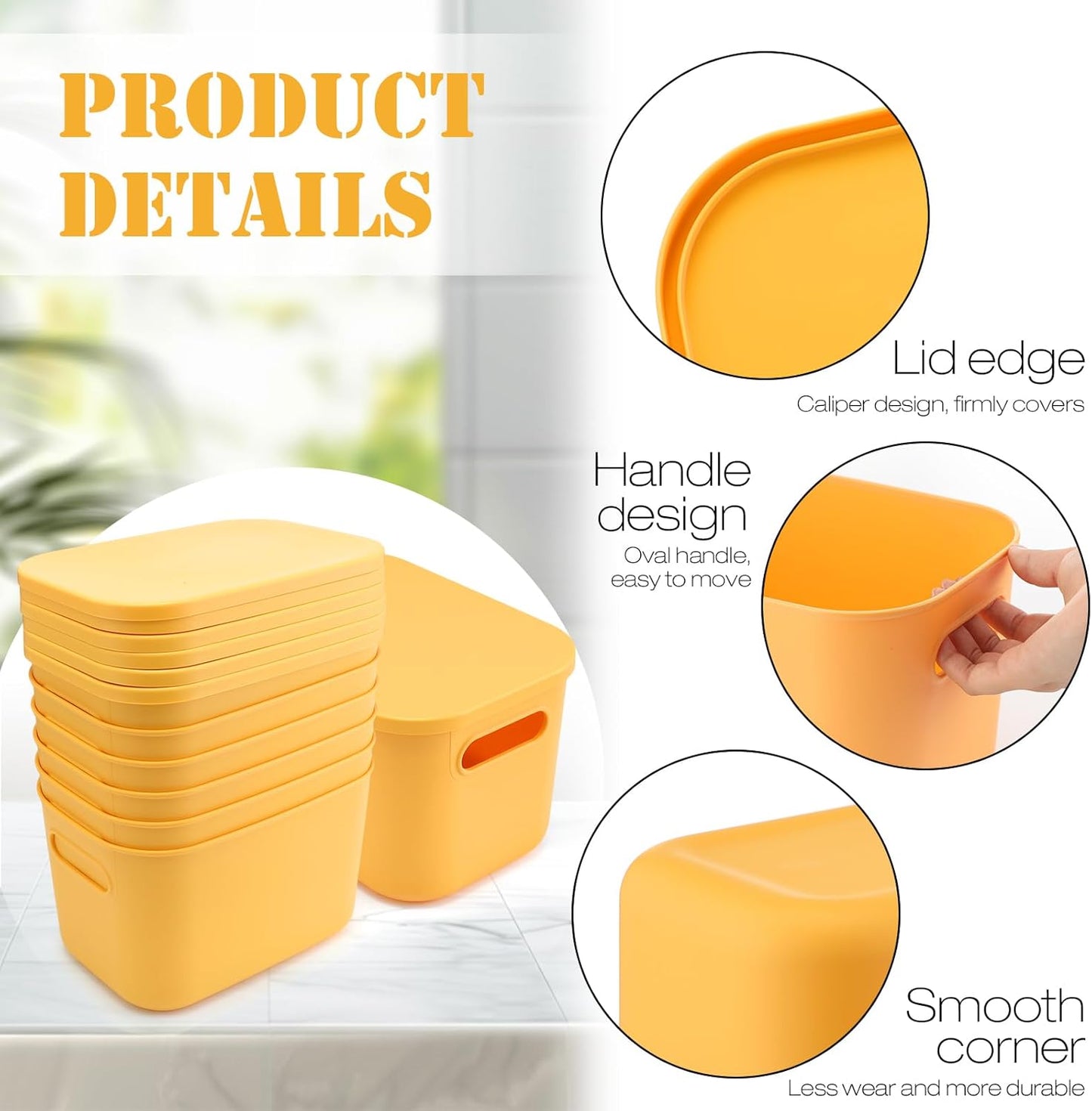 Hoolerry 8 Pieces Colorful Storage Bins with Lid, Plastic Storage Basket Organizing Container Stackable Box with Handle for Shelves Desktop Playroom Office(10.2 x 7 x 6.3 Inch,Yellow)