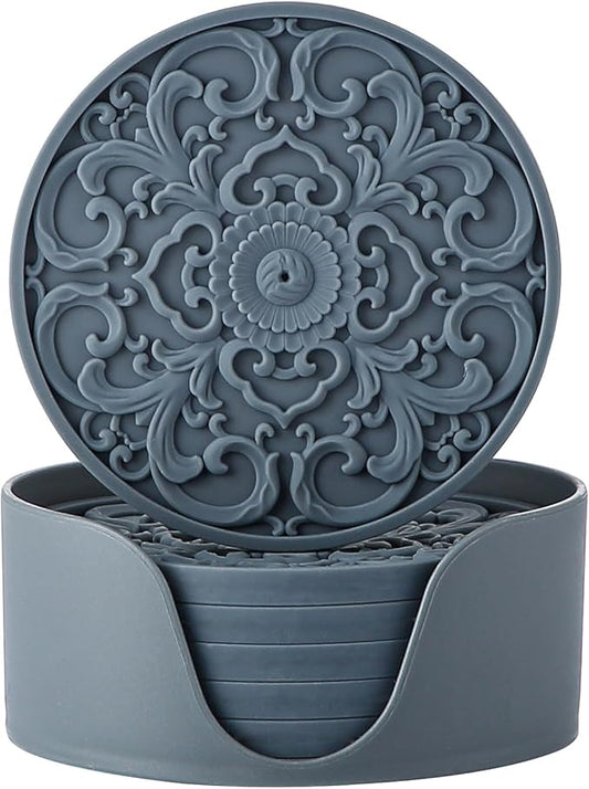 Colinda Silicone Coasters - Set of 6 with Holder, Non-Slip Cup Mats for Hot and Cold Drinks, Decorative Designs, Gift Ready Packaging, Warm Grey