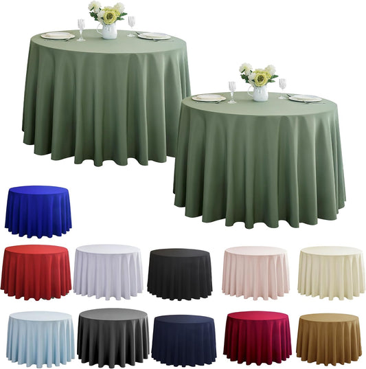 2-Pack Round 108-inch Sage Green Table Cloths, Solid Stain and Wrinkle Resistant Circular Tablecloth, Premium Plain Weave Polyester Fabric Table Linen Covers for Hotel, Banquet