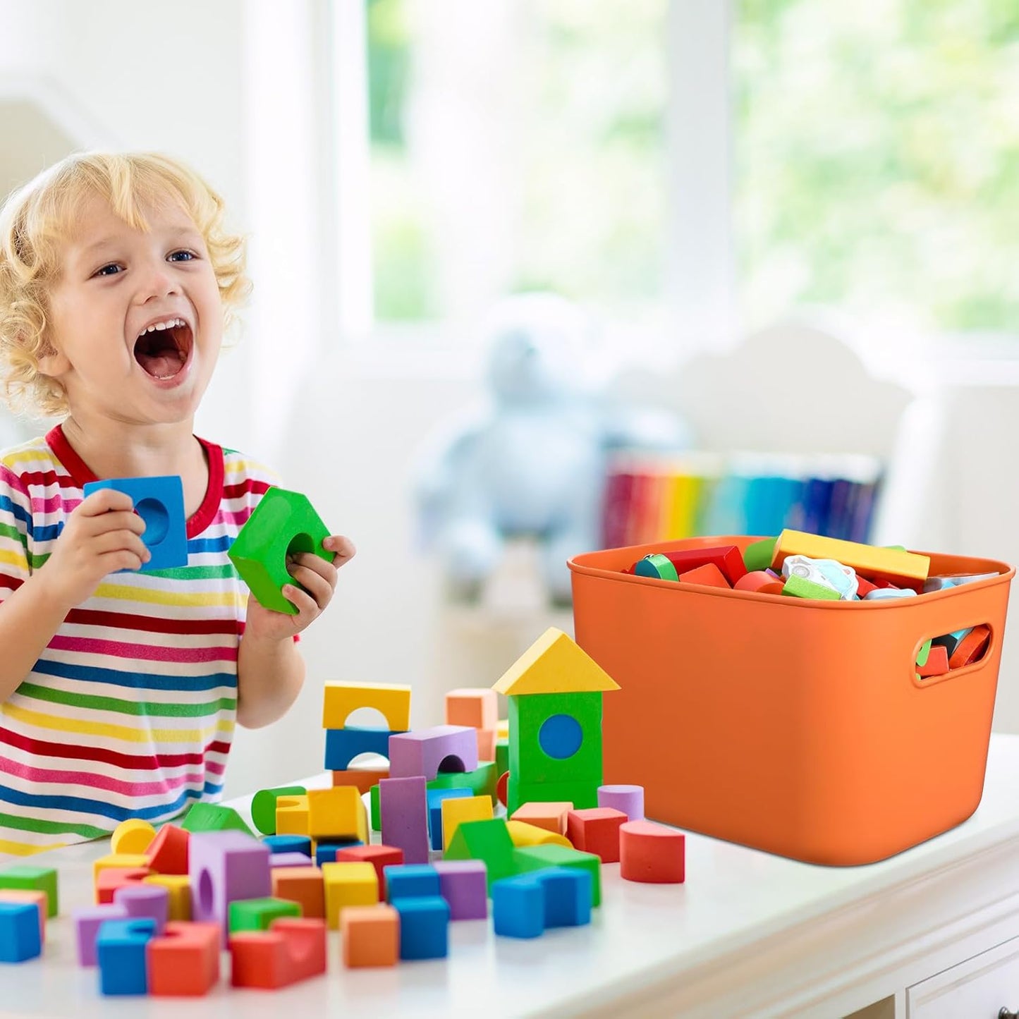 Hoolerry 8 Pieces Colorful Storage Bins with Lid, Plastic Storage Basket Organizing Container Stackable Box with Handle for Shelves Desktop Playroom Office(10.2 x 7 x 6.3 Inch,Orange)