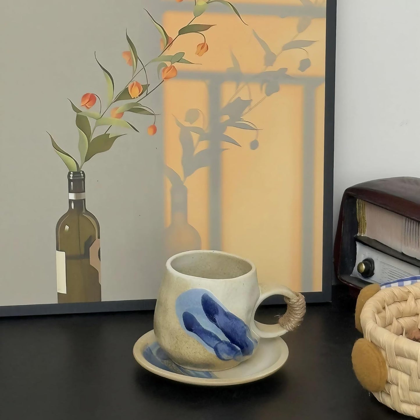 10oz Unique Vintage Retro Japanese Handmade Ceramic Cappuccino Barista Cup with Saucer – Artisanal Stoneware Coffee Mug, Lead-Free Latte Art Mug (1, White)