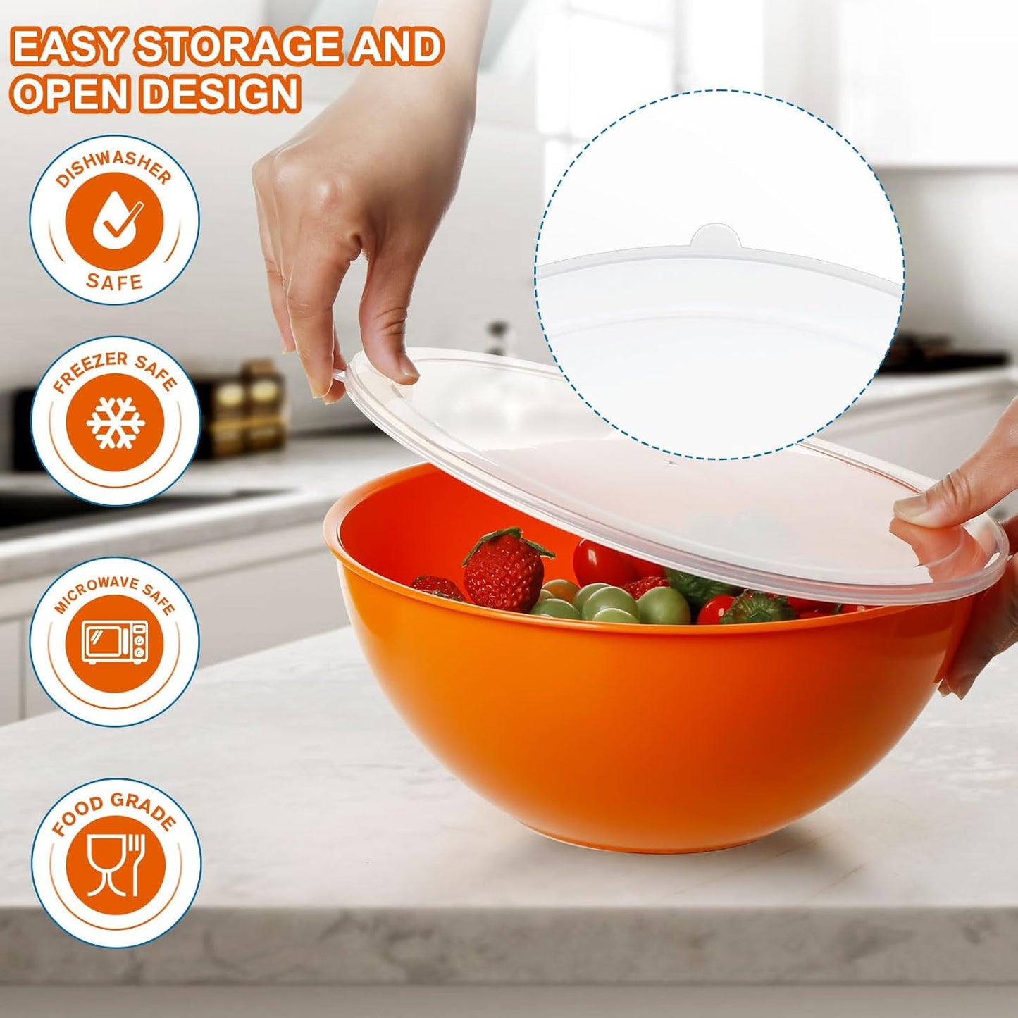 6-Piece Plastic Mixing Bowl Set with Lids for Kitchen, Nesting Storage Bowls for Baking, Prepping,Cooking and Serving Food, Dishwasher, Microwave Safe,Great for Mixing & Serving(6 Set-Rose Red)