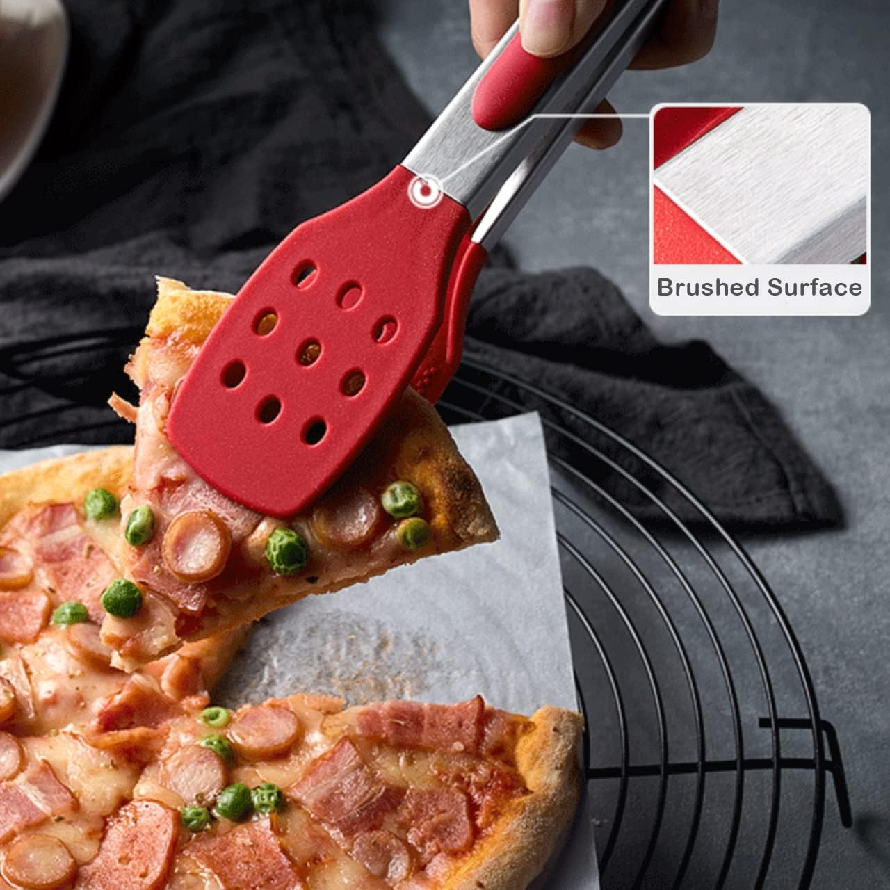 9 Inch Kitchen Tongs, Cooking Tongs with Slotted Silicone Tips and Stainless Steel Handle, Non Stick Heat Resistant Tongs for Cooking, Buffet, Salad Serving (9", Red)