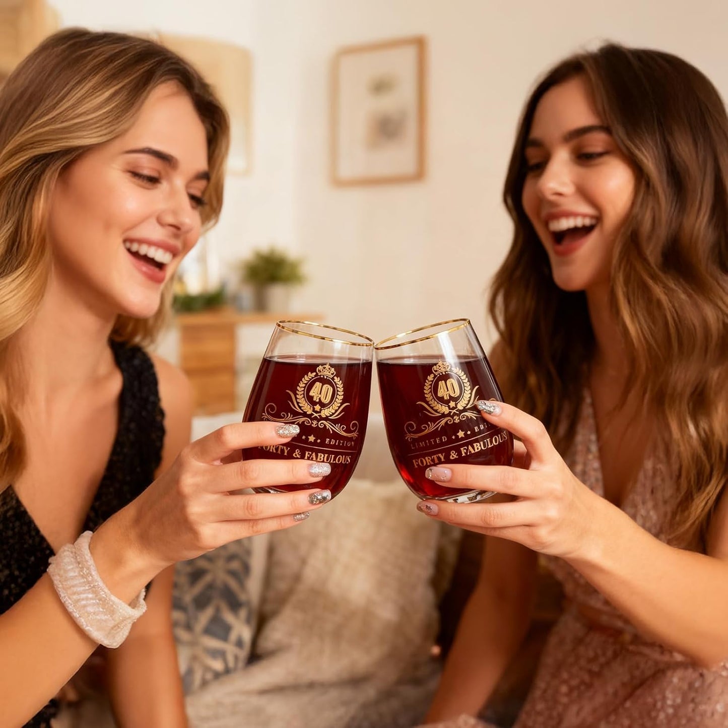 40th Birthday Gifts Women - Gold Accent Stemless Wine Glass with Premium Gift Box and Blank Card, Unique 40th Birthday Gifts for Women, Her, Wife, Sister, Friend (Forty & Fabulous)