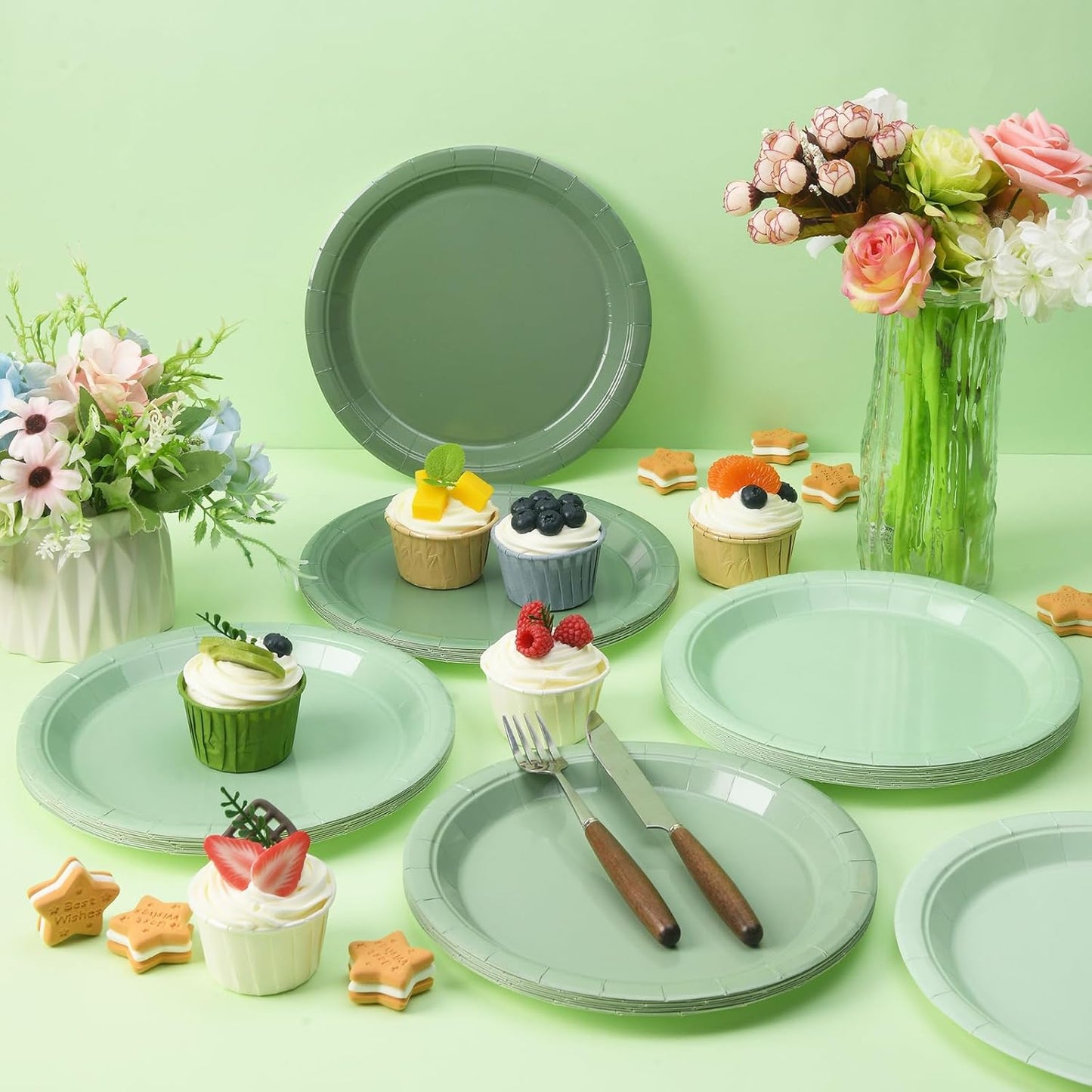 48 Pcs Sage Green Party Paper Plates Disposable, 9" Cute Sage Green Dinner Baby Bridal Shower Dessert Birthday Paper Plates for Bridal Baby Shower Wedding Party Supplies